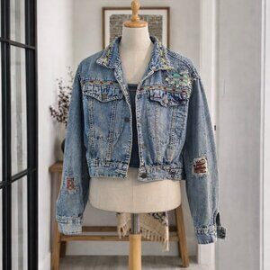 Fancy Ass Vintage Jean Jacket Ladies Small with embroidered patch detailing rare
